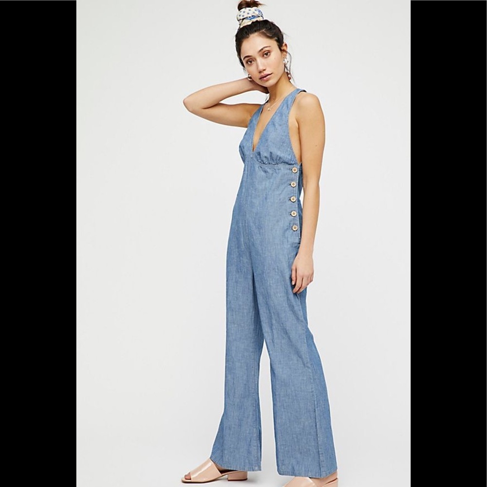 Free people dance all night denim jumpsuit
